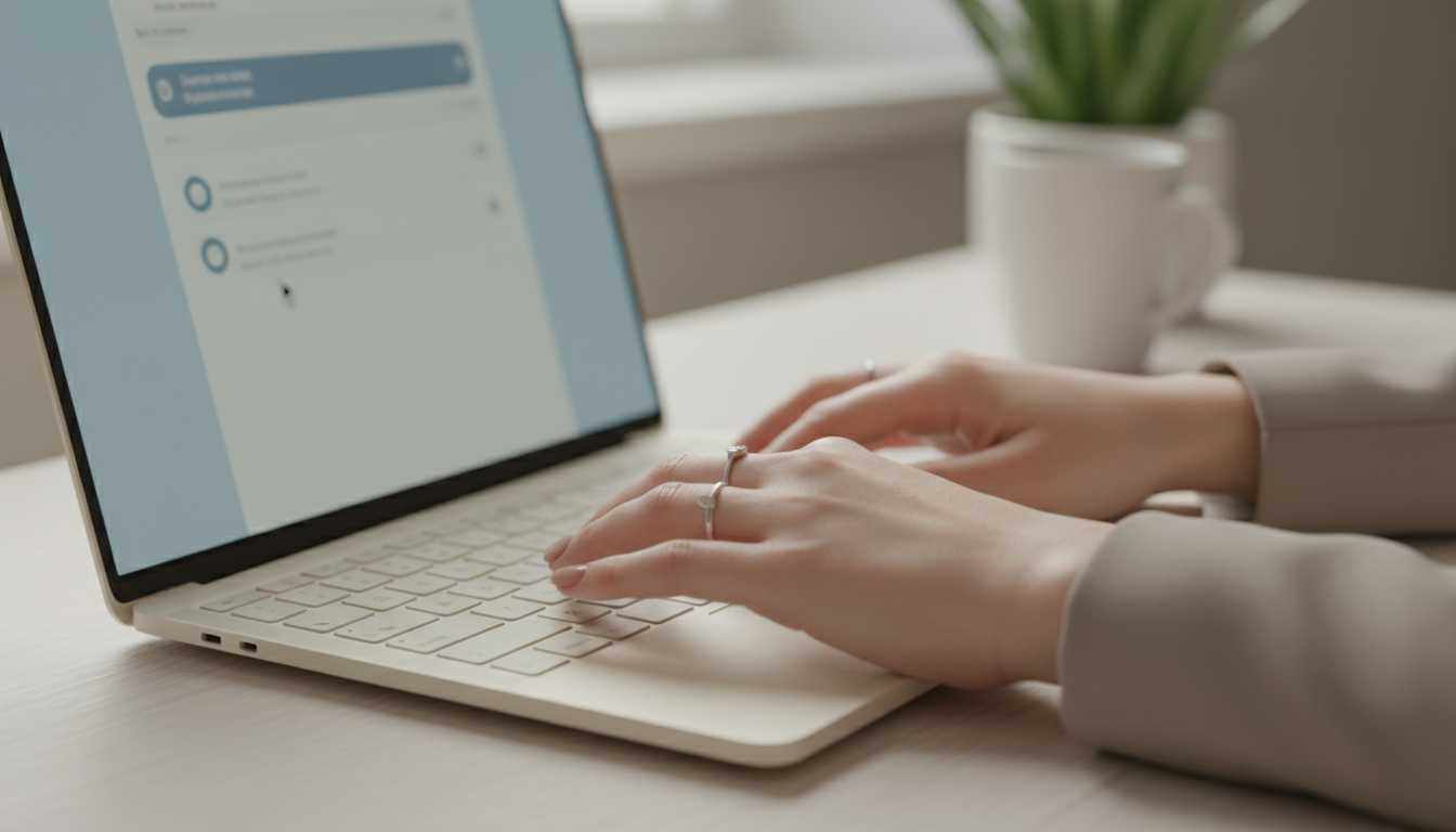A professional woman processes physical bills at an uncluttered desk, a laptop with a finance app open, and a phone nearby.