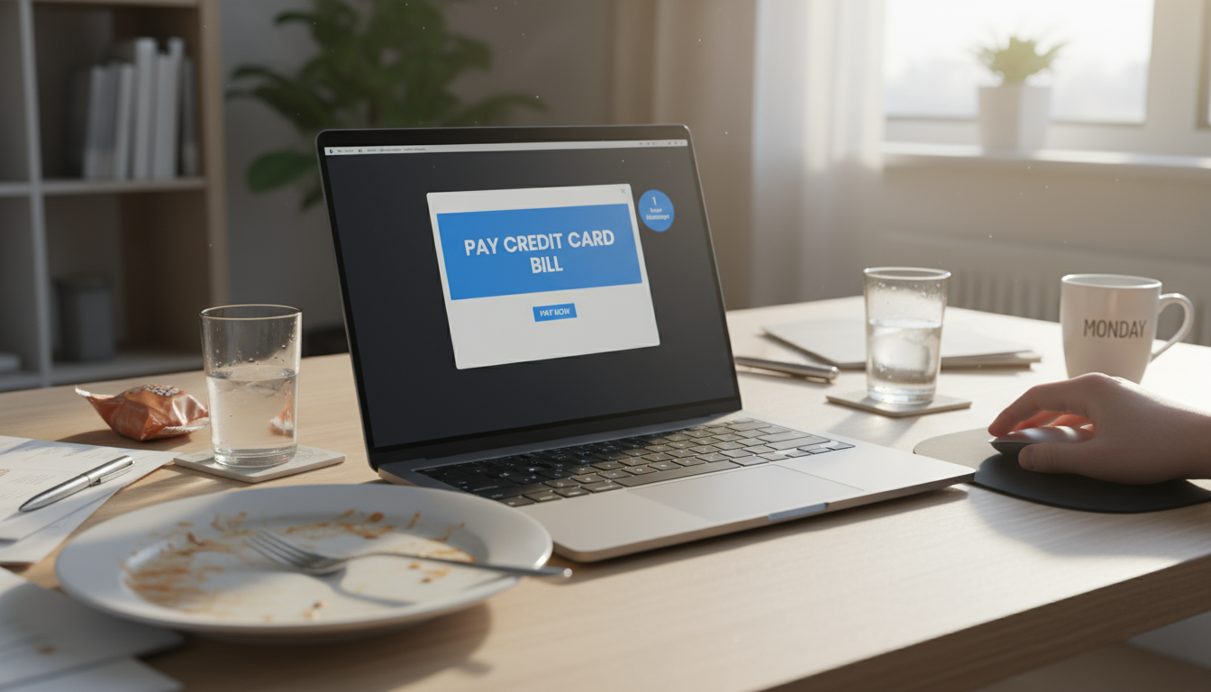 Desk at 1:30 PM with an empty lunch plate beside a laptop displaying bill pay and chat notifications, conveying post-lunch inertia.