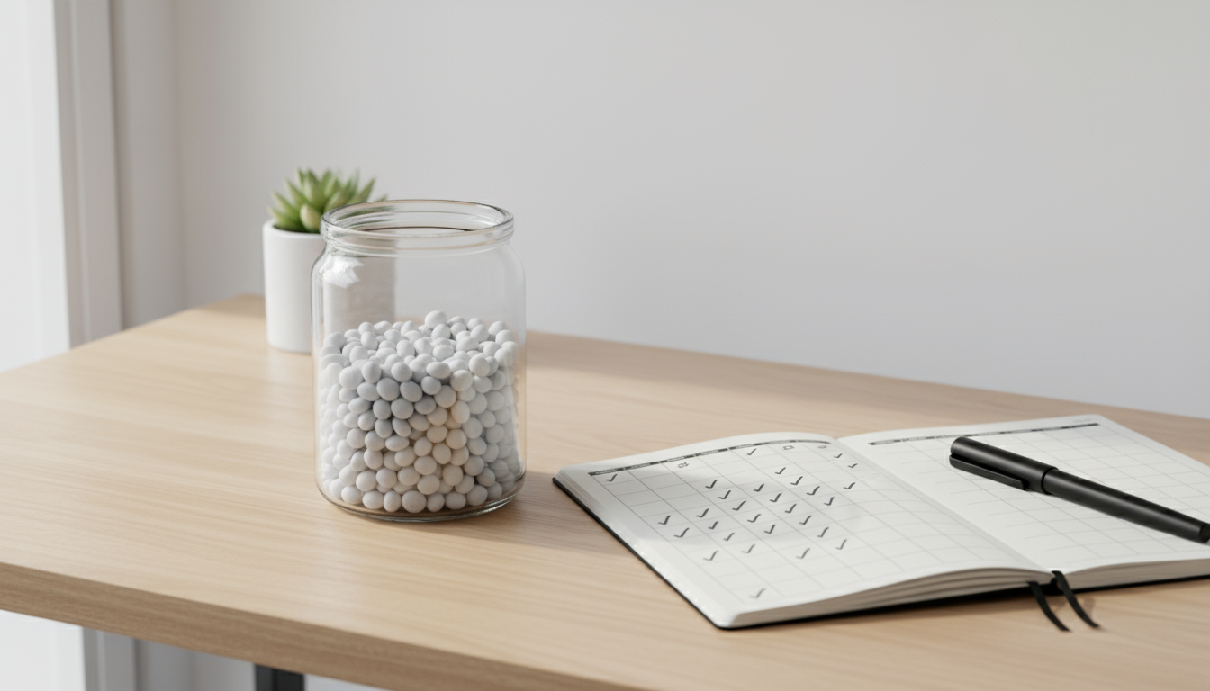 A toothbrush and toothpaste sit on a bathroom counter. A calendar with 'X' marks hangs nearby, and a person subtly stretches in the background.