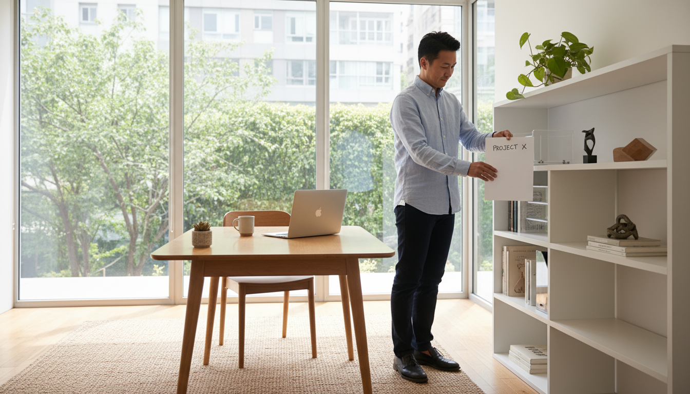 Professional in a bright, organized home office swiftly filing a single document next to their desk, demonstrating immediate task completion.