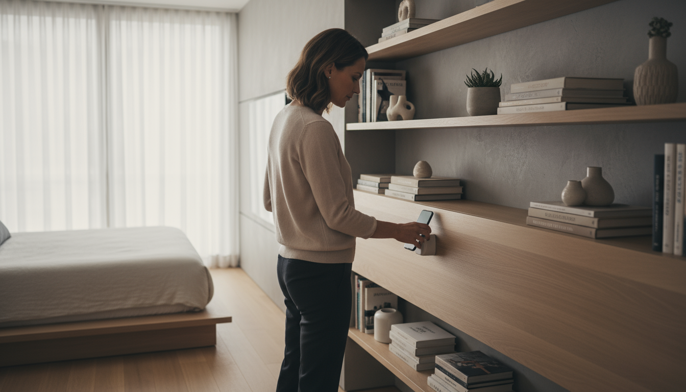 Neutral-gender knowledge worker in smart casual attire sits thoughtfully in a minimalist armchair with an open journal on their lap.