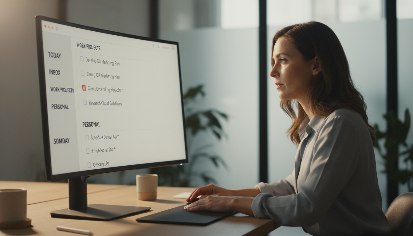 Hands swiftly typing a short email reply on a laptop, with a minimalist desk and a small stack of papers awaiting processing.