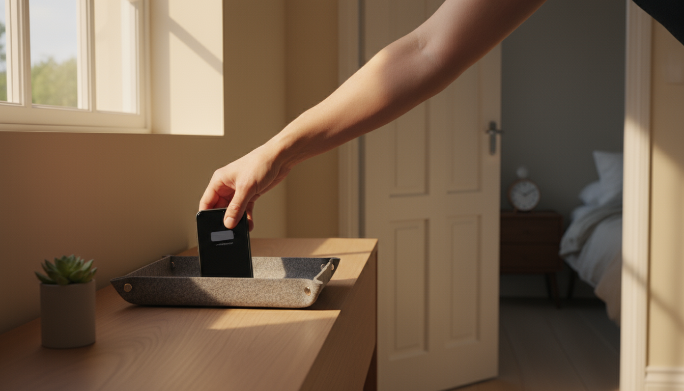 Over-the-shoulder view of a person in a car briefly checking a GPS map on a smartphone before placing it in a holder.