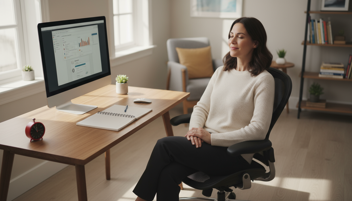 Hands holding a pen over a planner showing a handwritten to-do list with estimated and actual Pomodoro counts on an organized home office desk.
