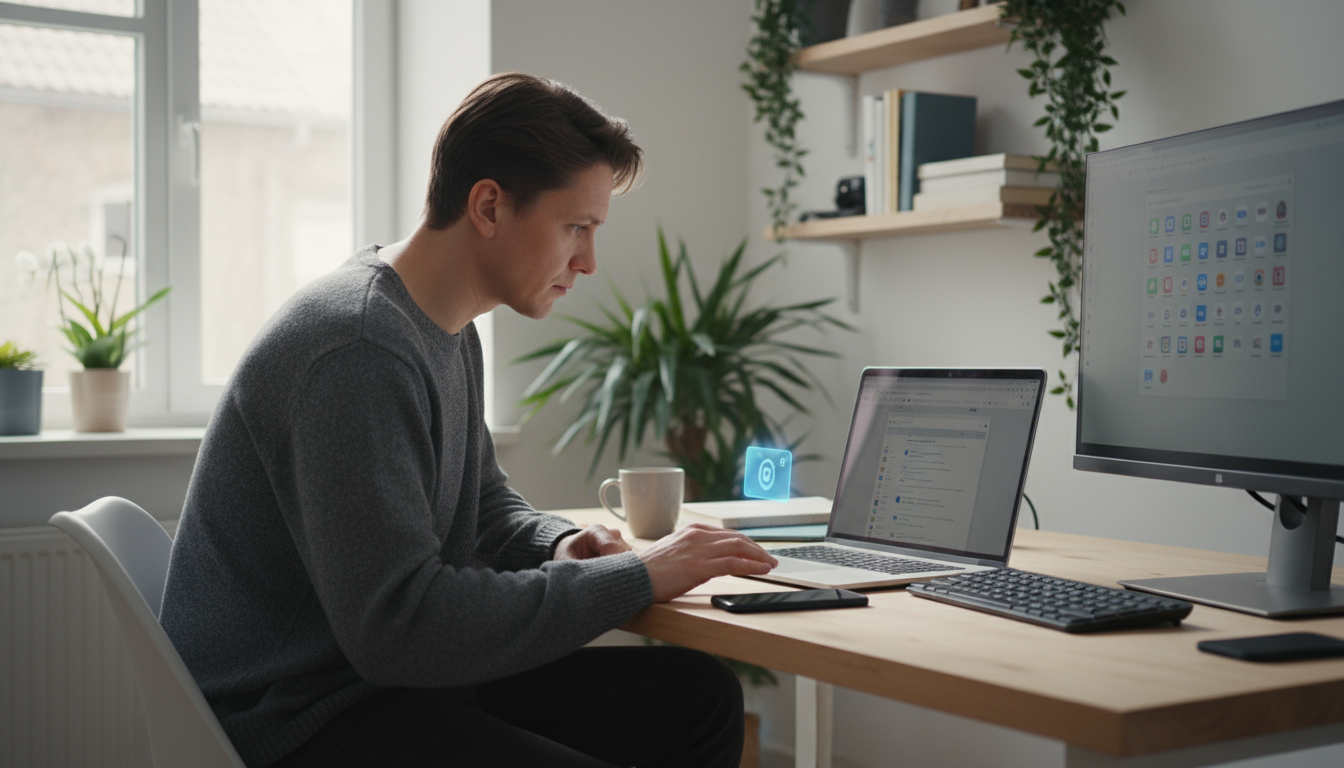 A person stretches gently in a dimly lit bedroom, while their smartphone charges on a distant shelf, promoting screen-free wind-down.