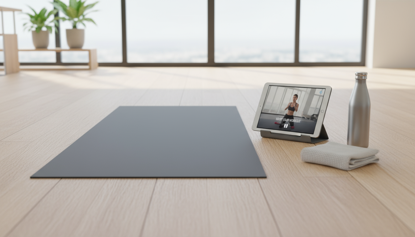A person in comfortable dark loungewear performing child's pose on an unrolled light grey yoga mat in a softly lit, minimalist bedroom at dusk.