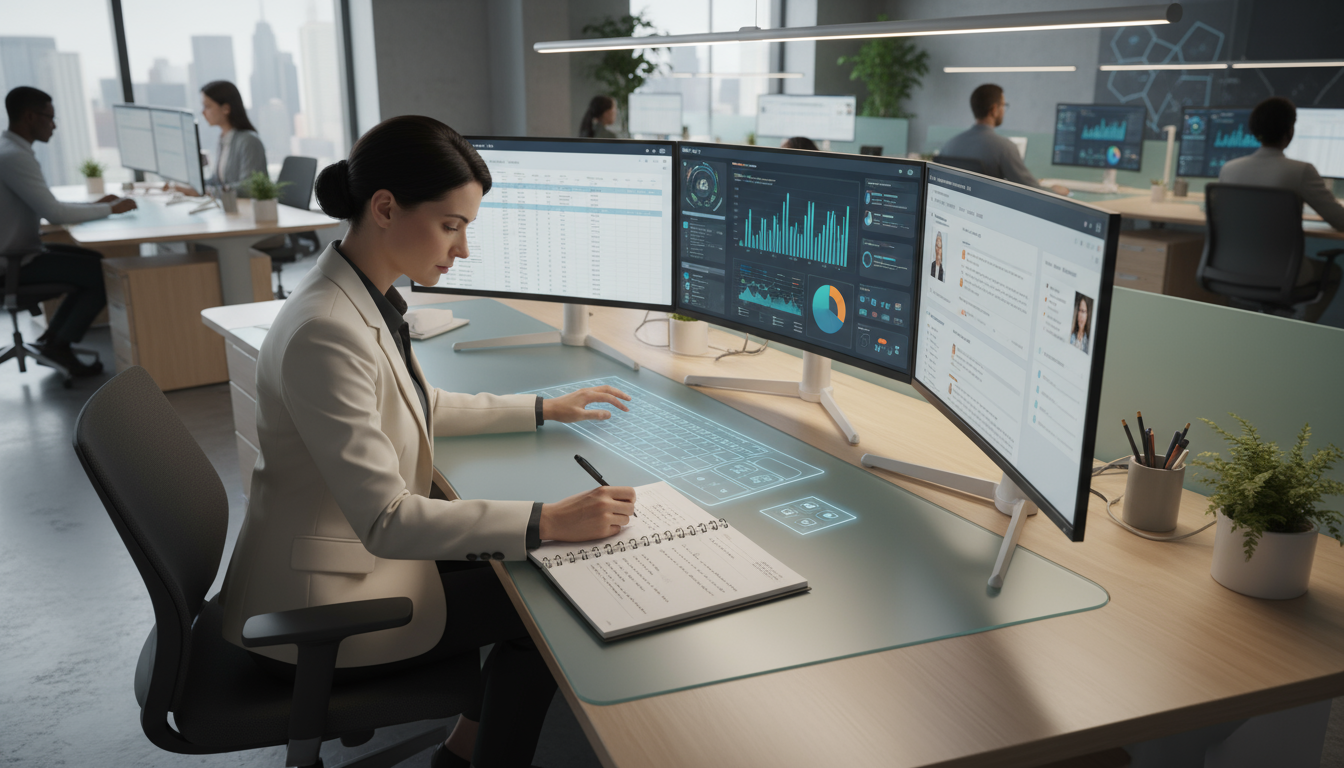An organized desk with a laptop displaying a GTD app, an open physical planner, and a small organizer with categorized index cards.