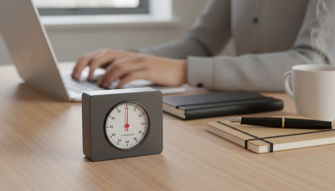 Minimalist wooden desk at dusk, featuring a closed laptop as the only item, illuminated by a warm desk lamp.