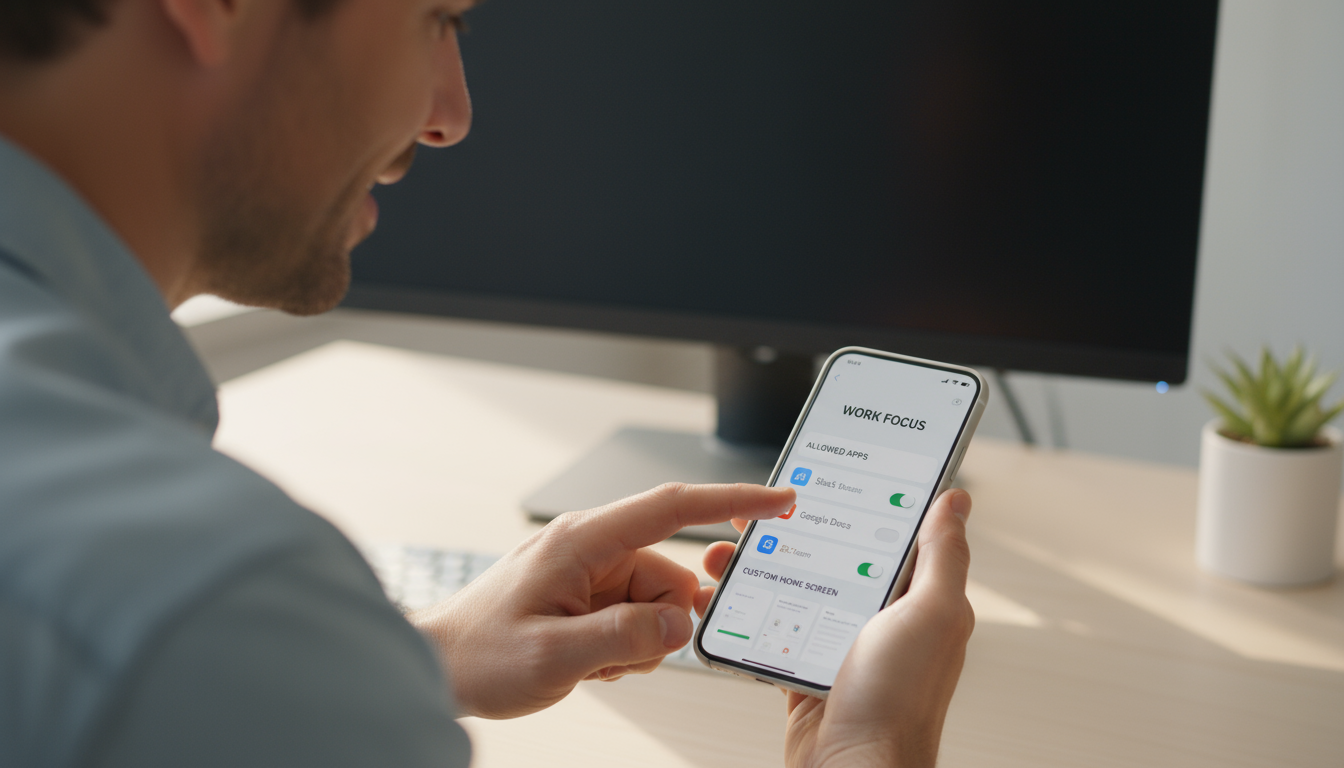 A person's hands plug a smartphone into a sleek charging station on a minimalist console table in a softly lit evening hallway.