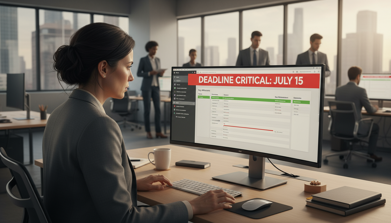 A minimalist home office desk in soft evening light, featuring a closed laptop, neat notebooks, an elegant pen, and a small plant on its clear surface