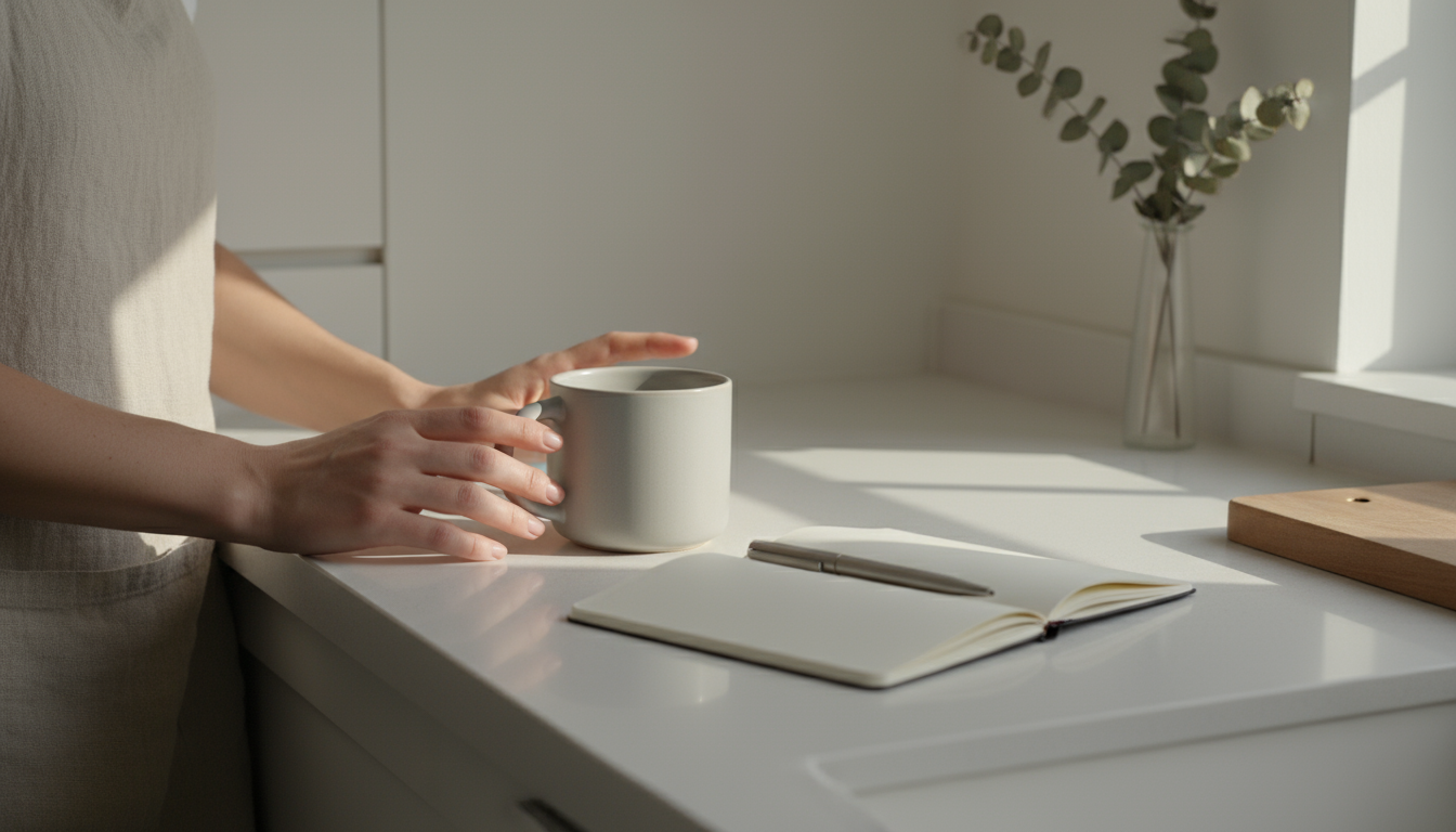 A minimalist home office desk with a laptop displaying a single sentence, 'Chapter 1: The introduction.' A plant and notebook add to the clean setup.