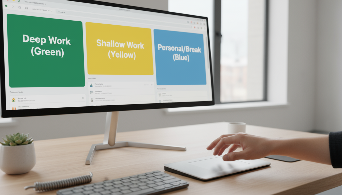 Woman at modern desk with headset, looking at computer screen showing active video call and email draft, hand on mouse.
