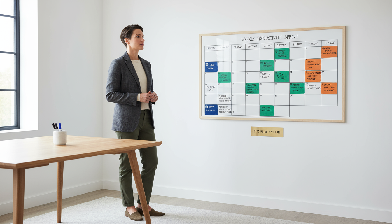 A professional (30s-40s, gender-neutral) reviews a large, color-coded weekly planner in a bright, minimalist office, highlighting structured time.