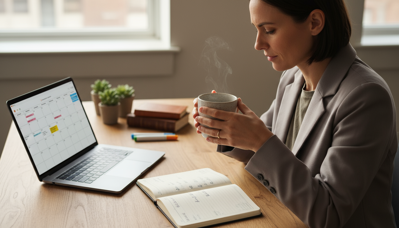A professional plans their week on a large, wall-mounted whiteboard calendar, color-coding blocks for deep work and meetings in a bright, minimalist o