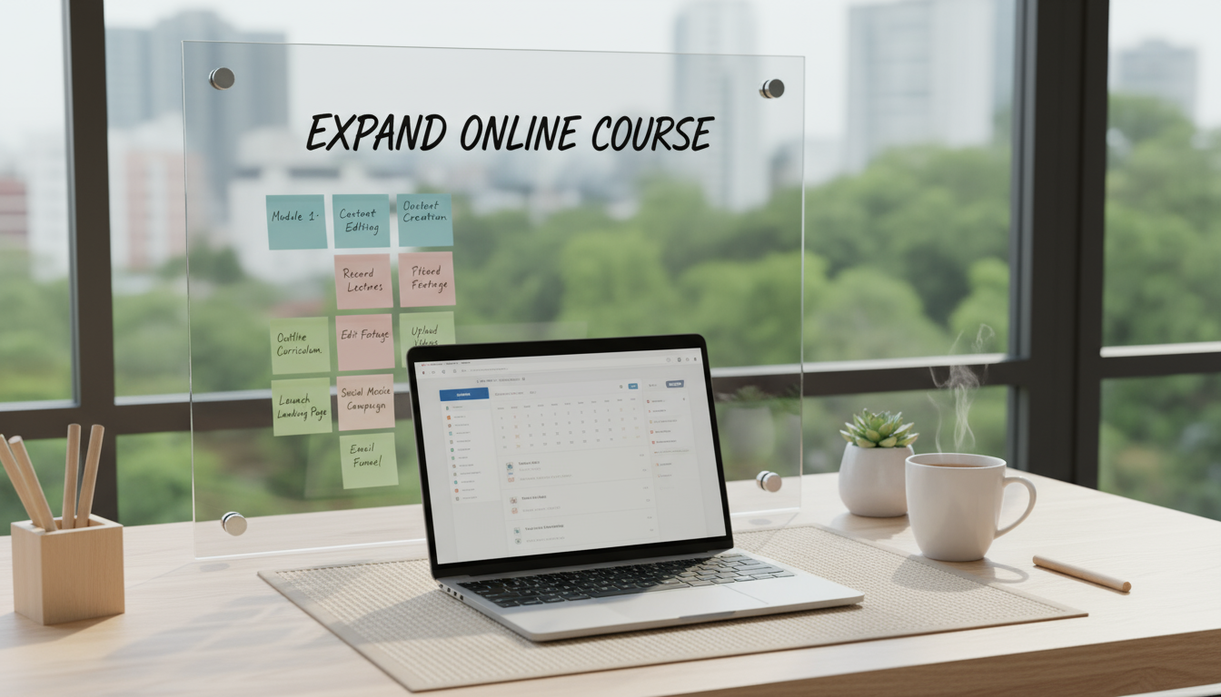 A focused woman reviews a notebook with checked-off Python course tasks. A laptop with code is subtly visible in the background.