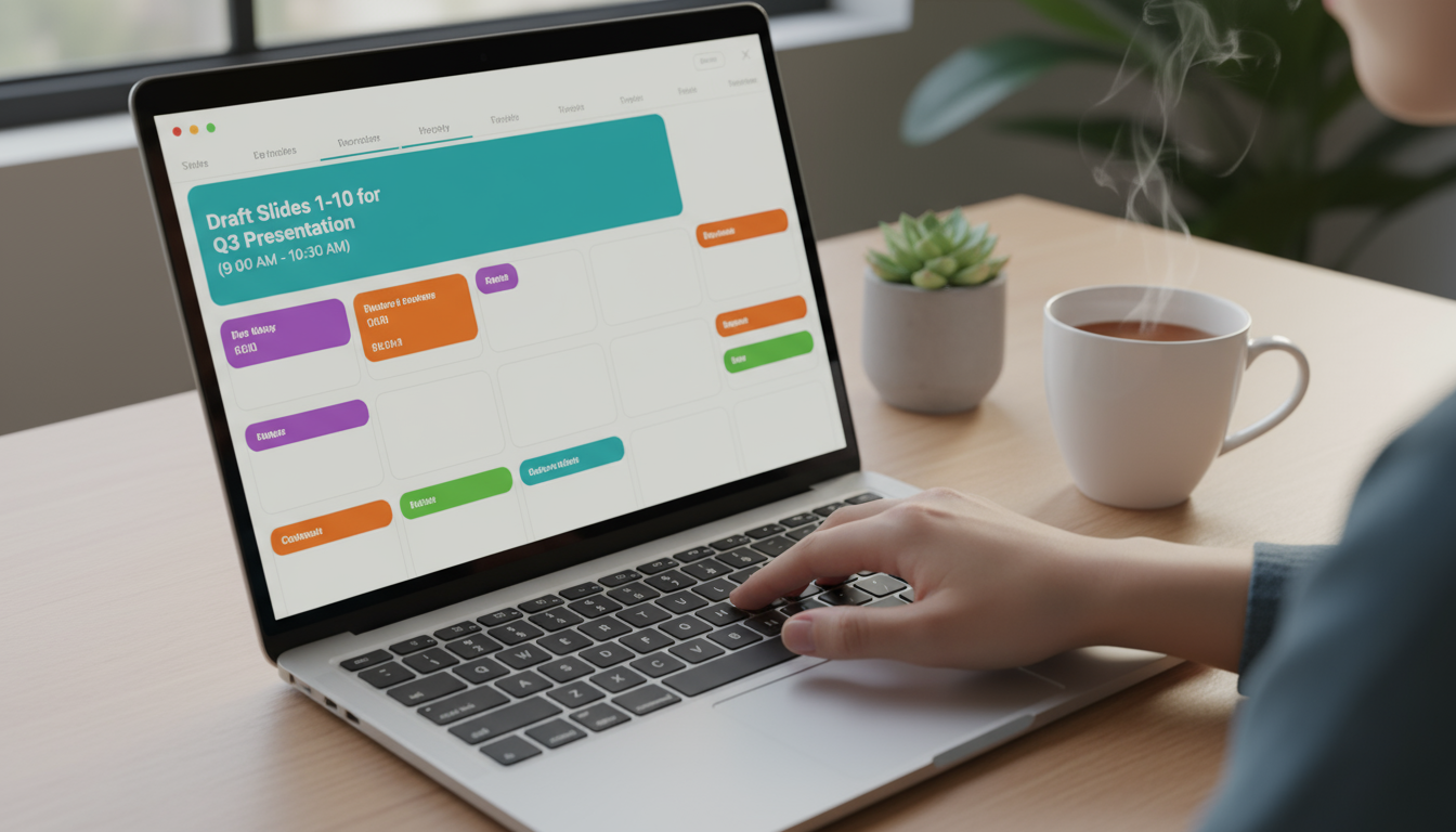 A professional worker intently focused on a single monitor in a minimalist office, demonstrating deep, calm concentration.