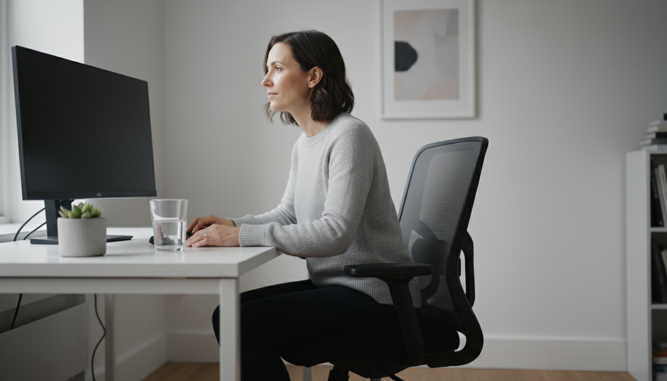 A professional stands stretching, looking out a window at a natural view, away from their desk, taking a refreshing break.