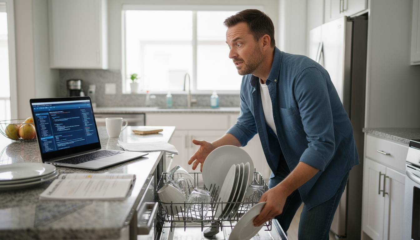 A knowledge worker, viewed over-the-shoulder, intensely focused on a detailed diagram in a single open notebook on a minimalist desk, bathed in natura