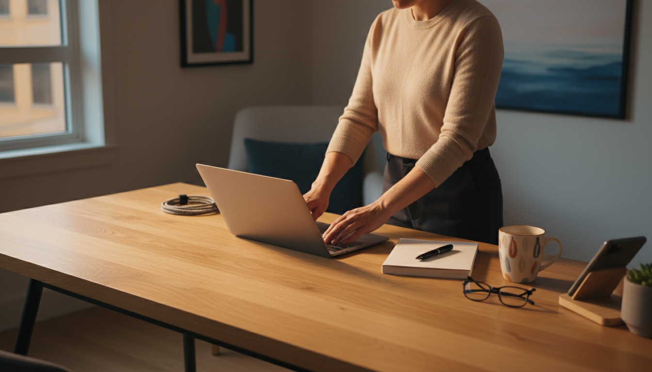 A person stretches near a bright window in a minimalist home office, looking out at distant trees, with their computer screen off in the foreground.