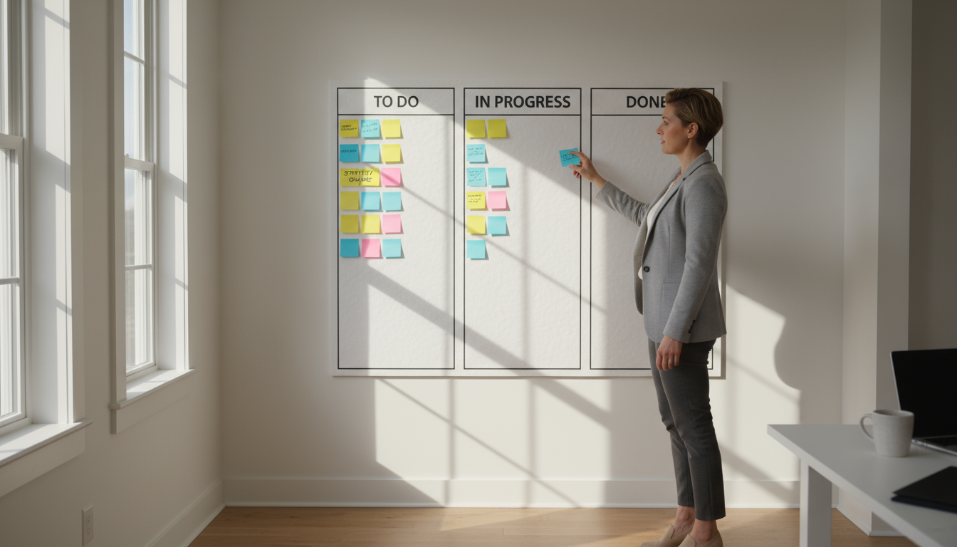 A professional in a sunlit home office pauses, hand hovering over a Kanban board, thoughtfully choosing a single task.