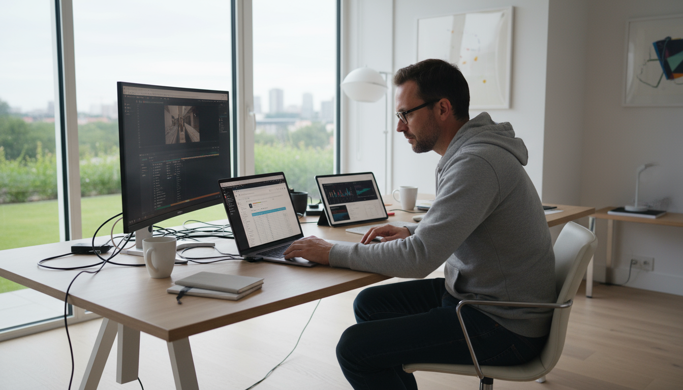 A professional stands from her tidy, minimalist desk at dusk, smiling subtly, laptop closed, conveying work-day completion.