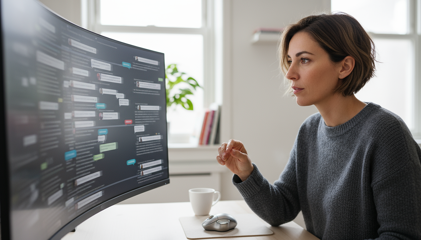 Professional stretching by a window in a bright home office; a desk with a laptop and notes is visible in the background, suggesting a work break.