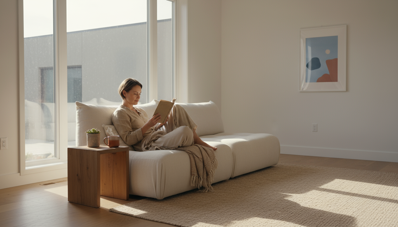 A professional woman at a light wood desk, her focus subtly drawn towards a smartphone displaying a red notification dot next to her laptop.
