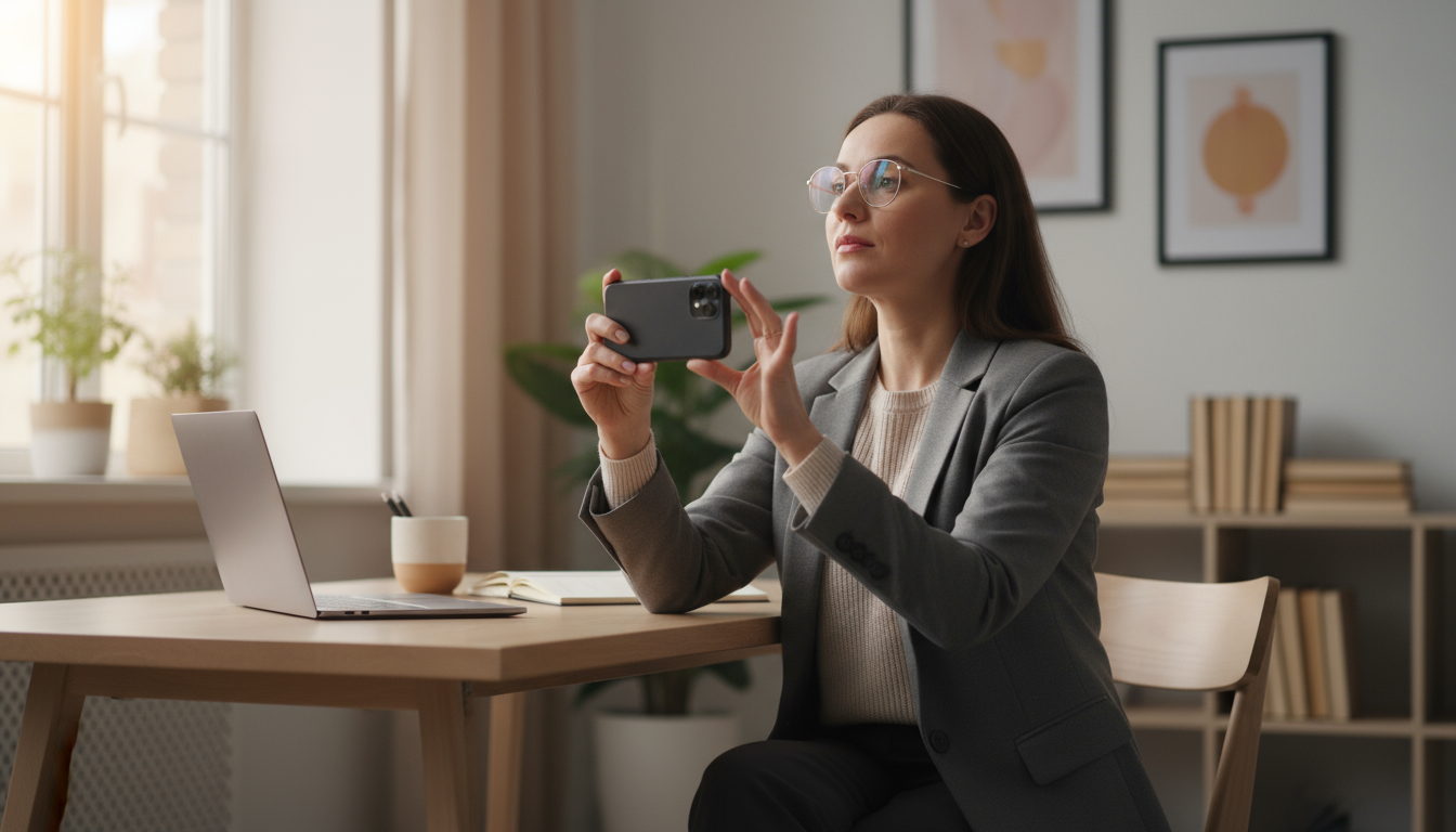 A woman looks up thoughtfully from her smartphone, her expression suggesting an app timer has just prompted a moment of reflection.