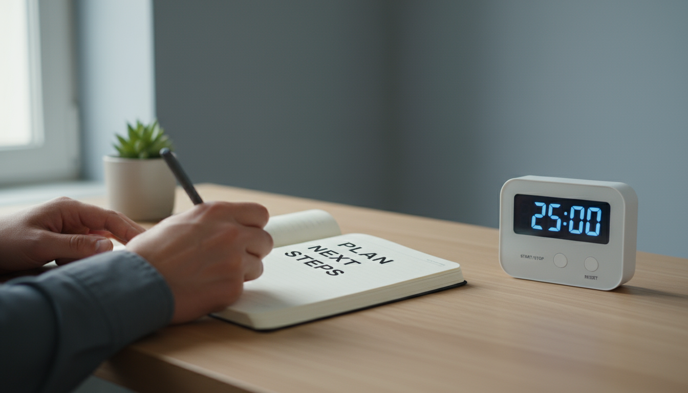 Professional woman at a well-organized home office desk, mid-action of putting on noise-canceling headphones to enter a focused work session.
