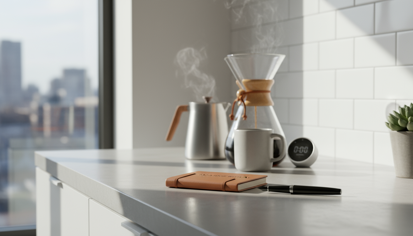 Person sitting at a minimalist table in soft morning light, hand gently resting on a mug, in a moment of quiet reflection and gentle refocusing.