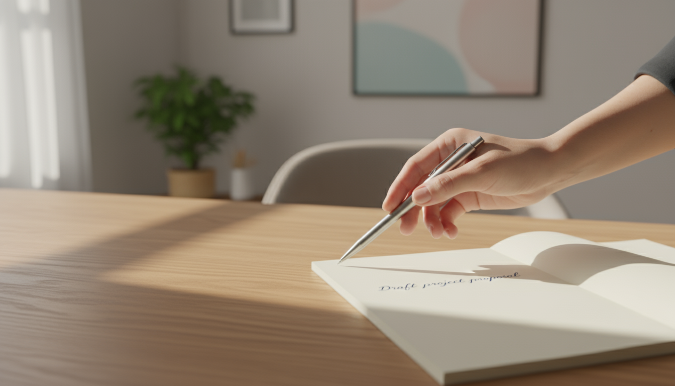 A person gently places a single pencil onto the blank page of an open notebook in a sunlit home office.
