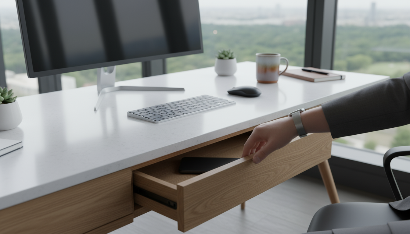 A young professional stands and stretches from a desk, phone out of reach, in a bright, modern home office.