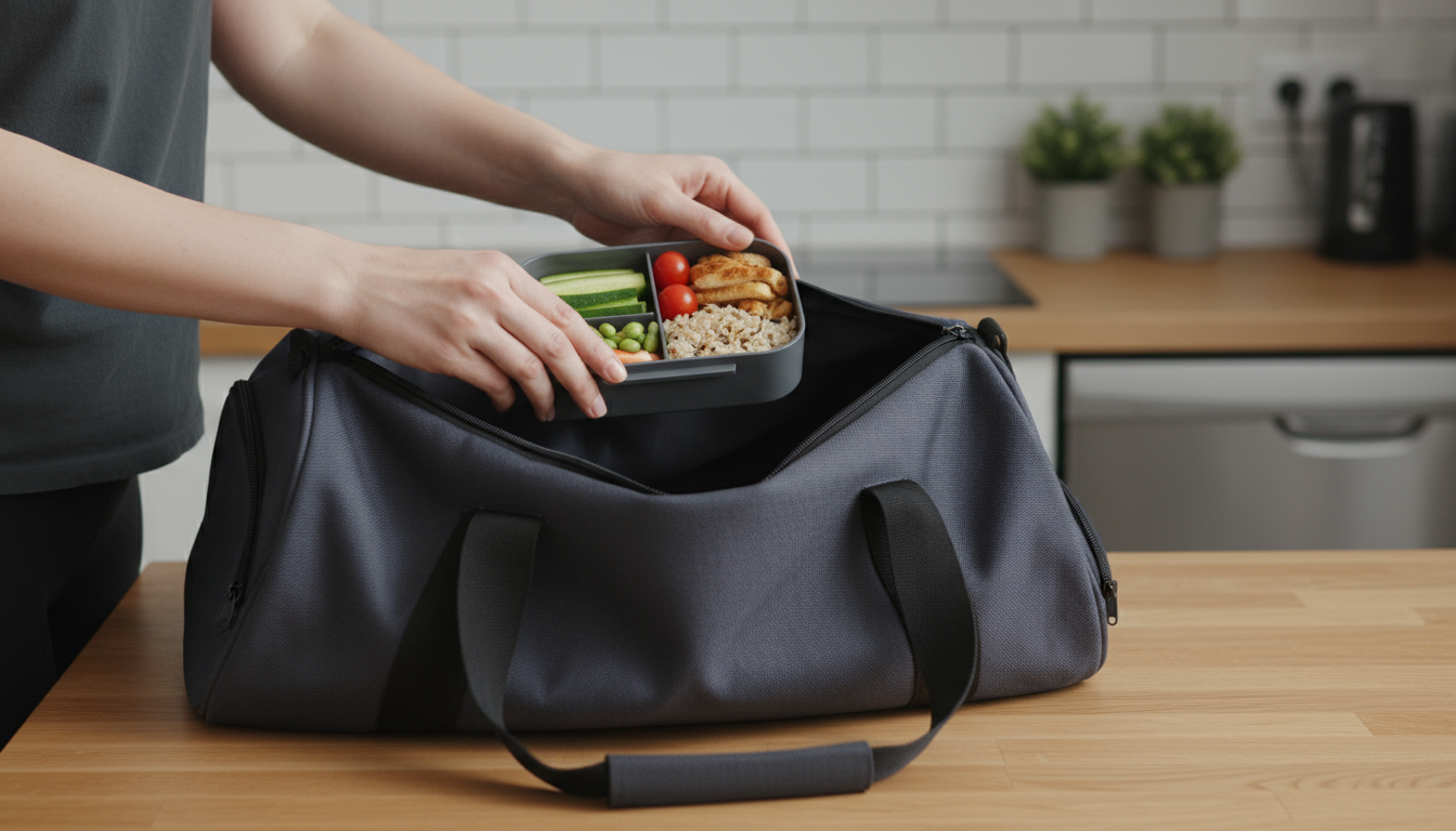 Person in athletic wear performing light bodyweight stretches in a modern hotel room, a travel bag nearby. Focuses on adapting habits.