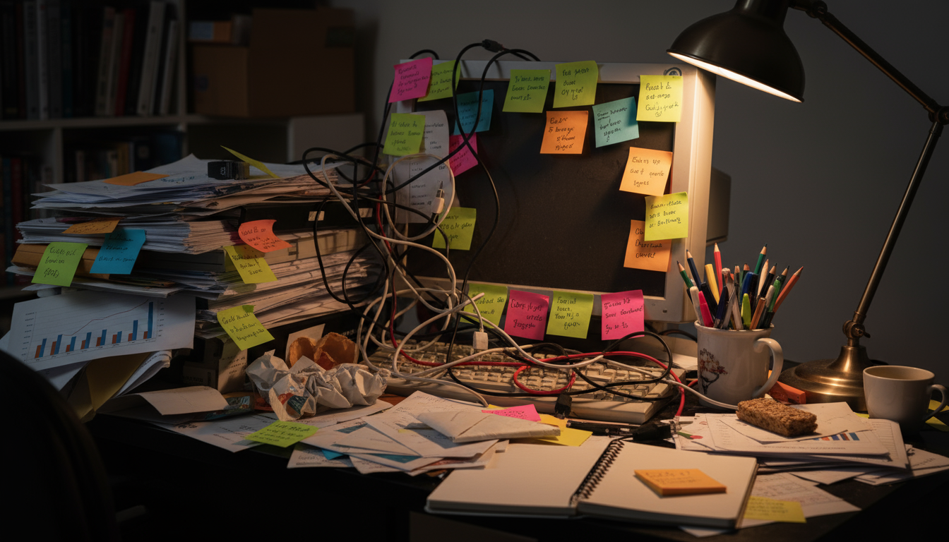 Close-up eye-level view of a very cluttered home office desk with piles of paper, scattered pens, and a tangled mess of charging cables.