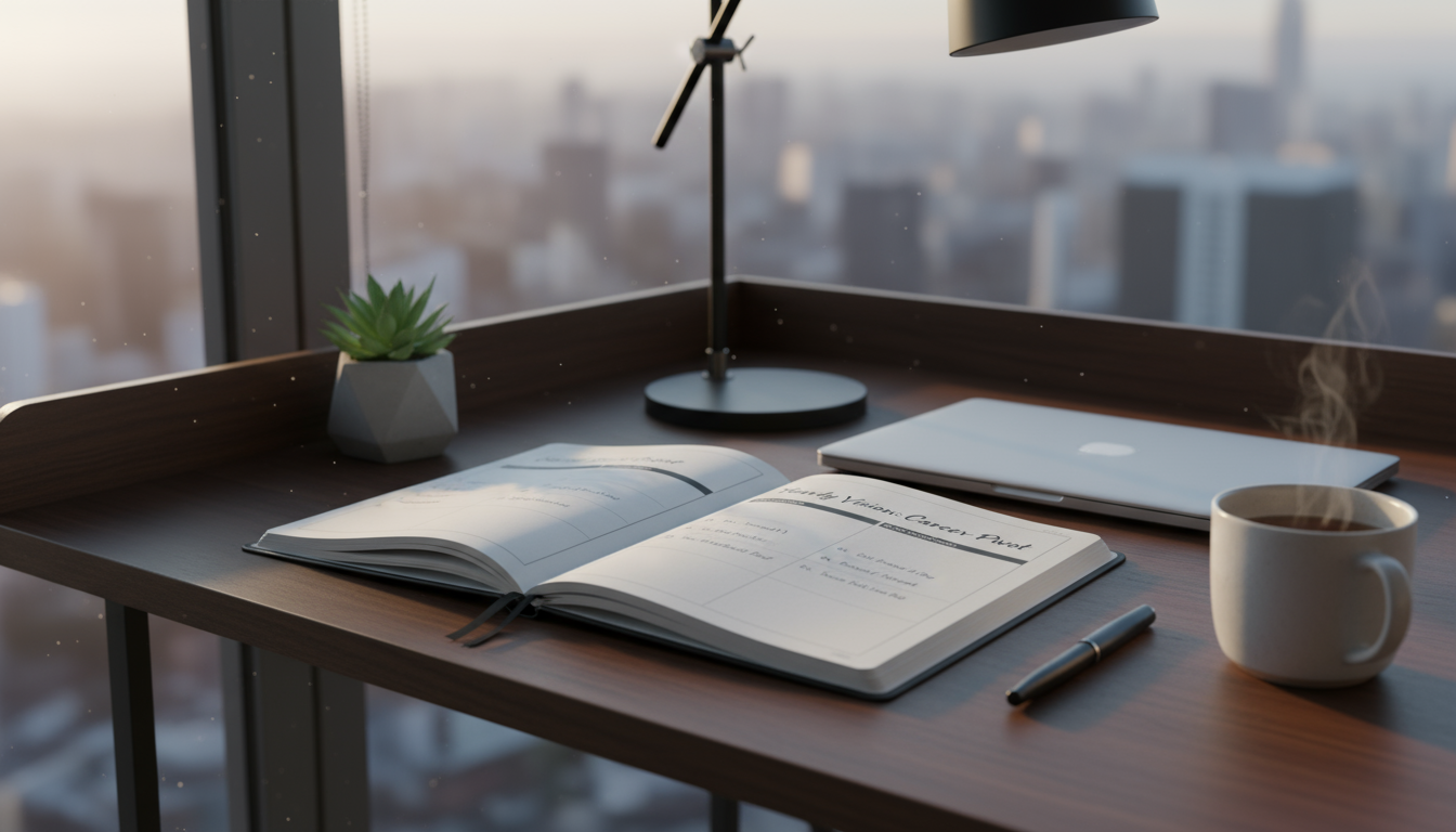 Focused person at a minimalist desk studying an online project management course and an open CAPM study guide, with a notebook displaying 'Q1 Theme: C