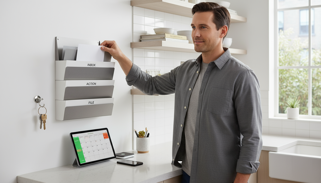 Cluttered home office desk with a large monitor, precarious paper piles, three coffee mugs, tangled cables, and scattered stationery.