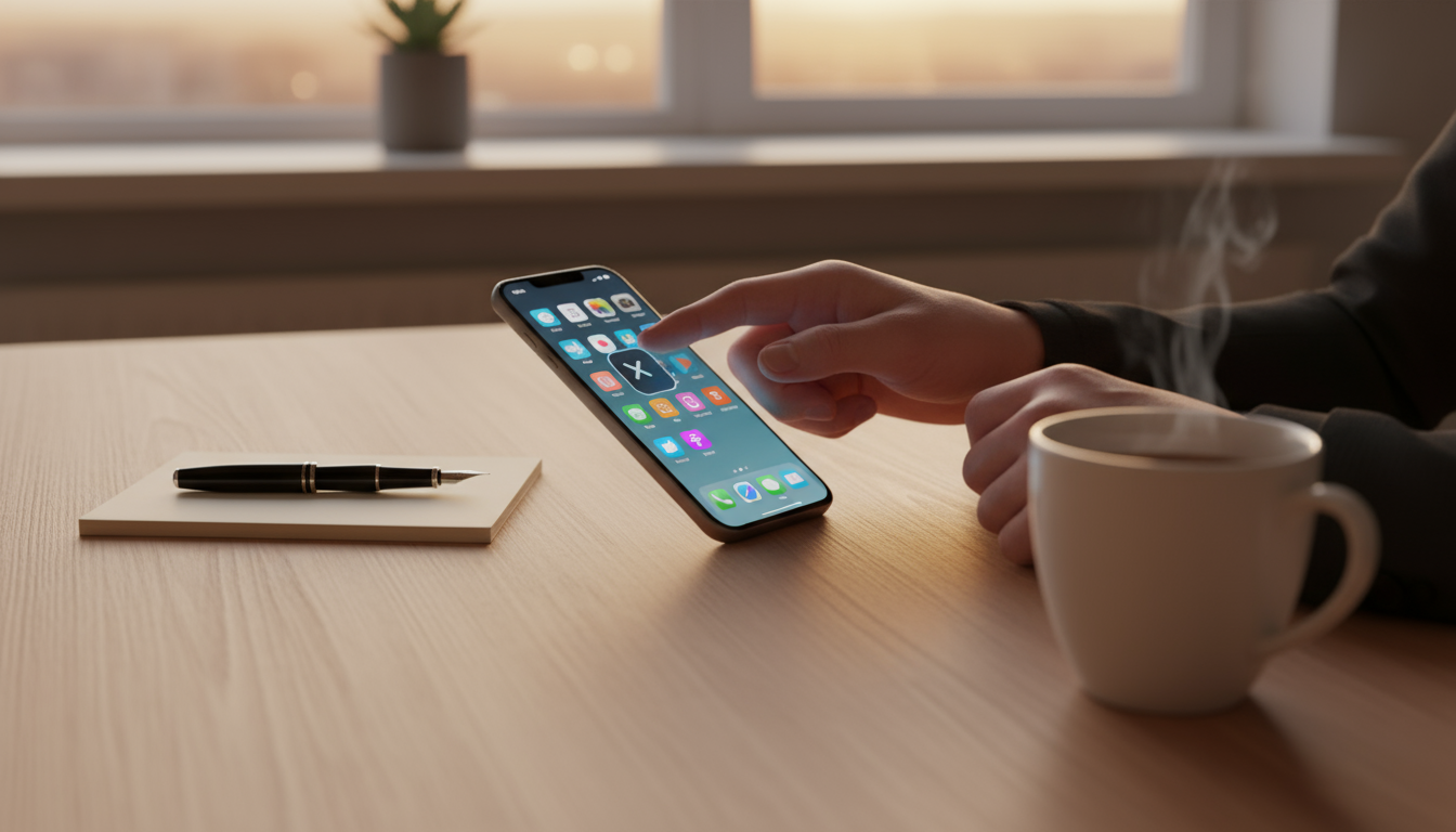 A professional's hand gently rests over a smartphone on a minimalist desk, its screen showing an app timer notification, signifying a mindful pause.