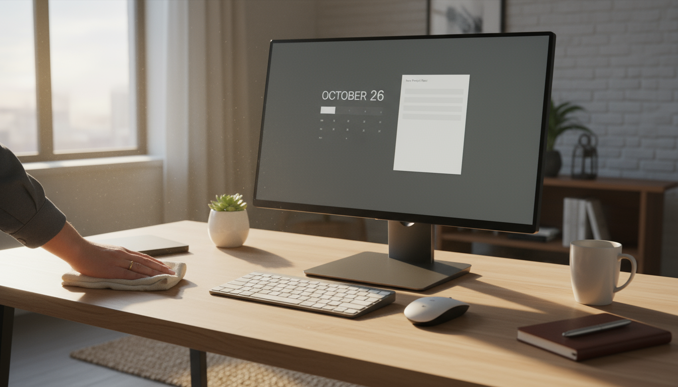 Professional swiftly scans multiple digital inboxes on a monitor, hand poised over mouse, seeking