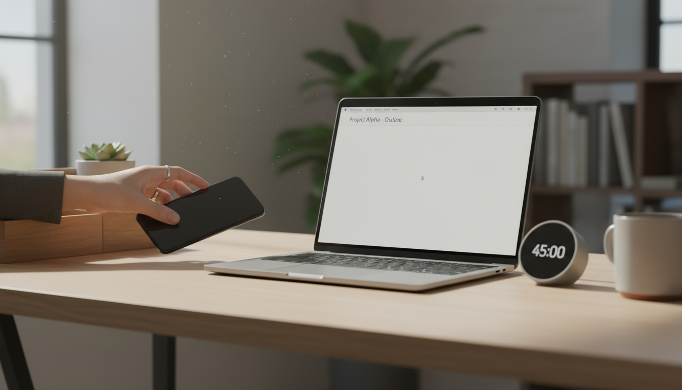 A man at a kitchen counter, early morning, with a furrowed brow, illuminated by the glow of a smartphone, tablet, and laptop displaying various digita