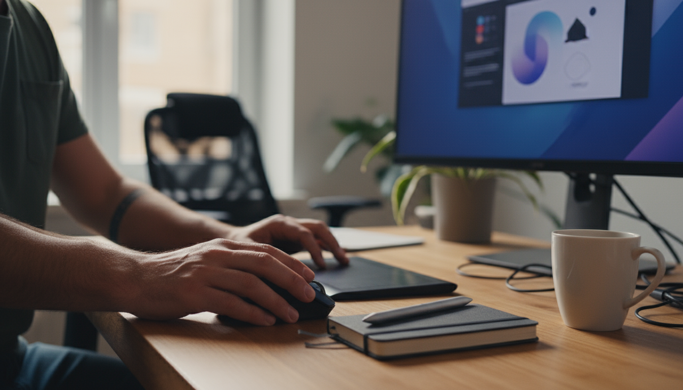 A knowledge worker intensely studies a complex digital filing structure or app comparison on a computer screen, showing over-optimization.