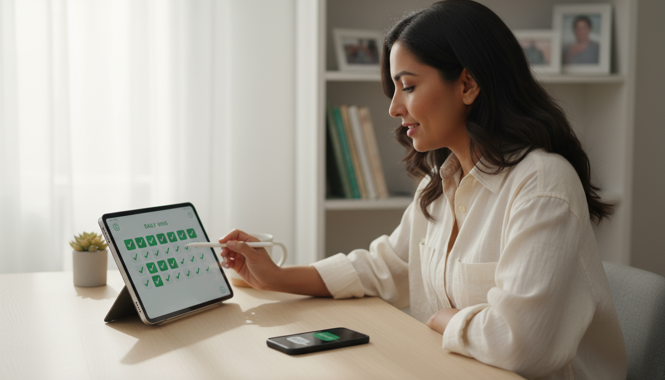 A knowledge worker taps a digital habit tracker on a tablet, with a smartphone showing an accountability partner's message nearby on a minimalist desk