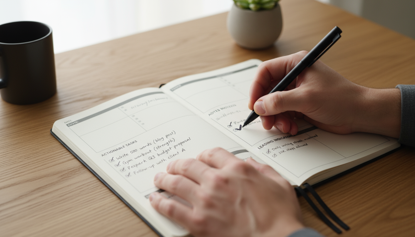 Professional thoughtfully reviews a weekly planner at a clean home office desk, pen in hand, surrounded by subtle hints of life's commitments.