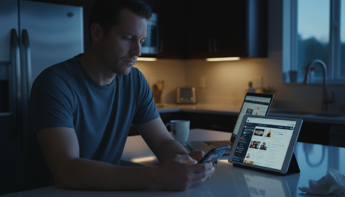 Woman at a minimalist desk in soft morning light, looking contemplatively away from her notebook, hinting at an early-morning mental distraction.