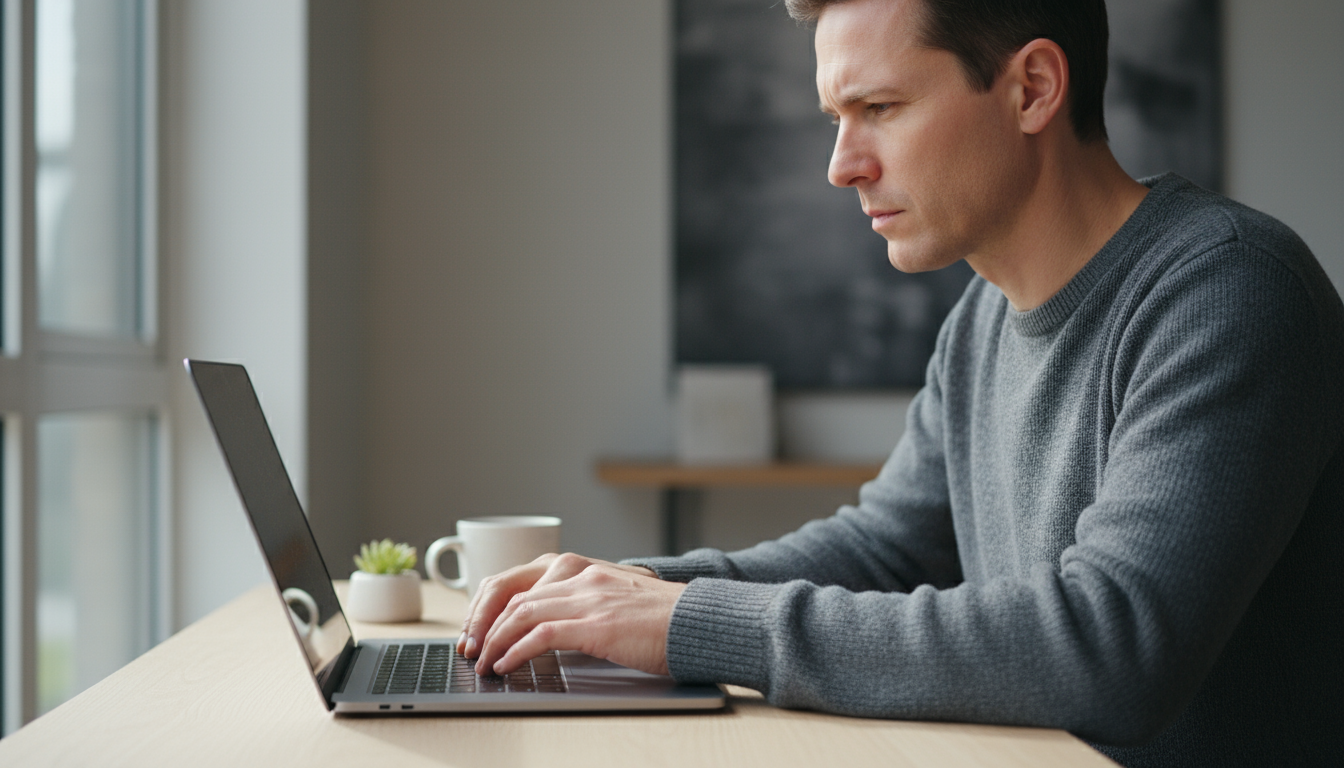 A professional with intense focus working on a laptop at a minimalist wooden desk, illuminated by soft natural light.