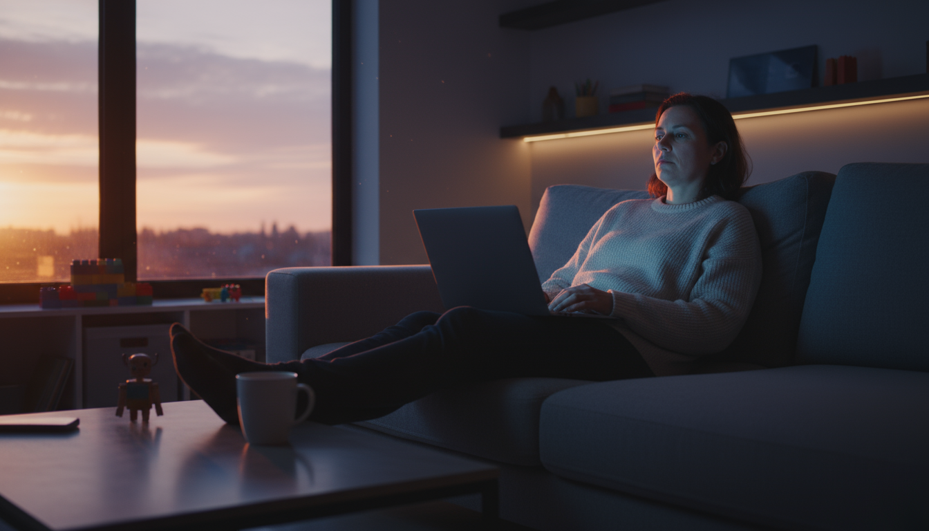 Cozy side table with a half-empty mug, open paperback, and a journal with few notes, subtly pushing an inactive tablet aside, showing an imperfect dig