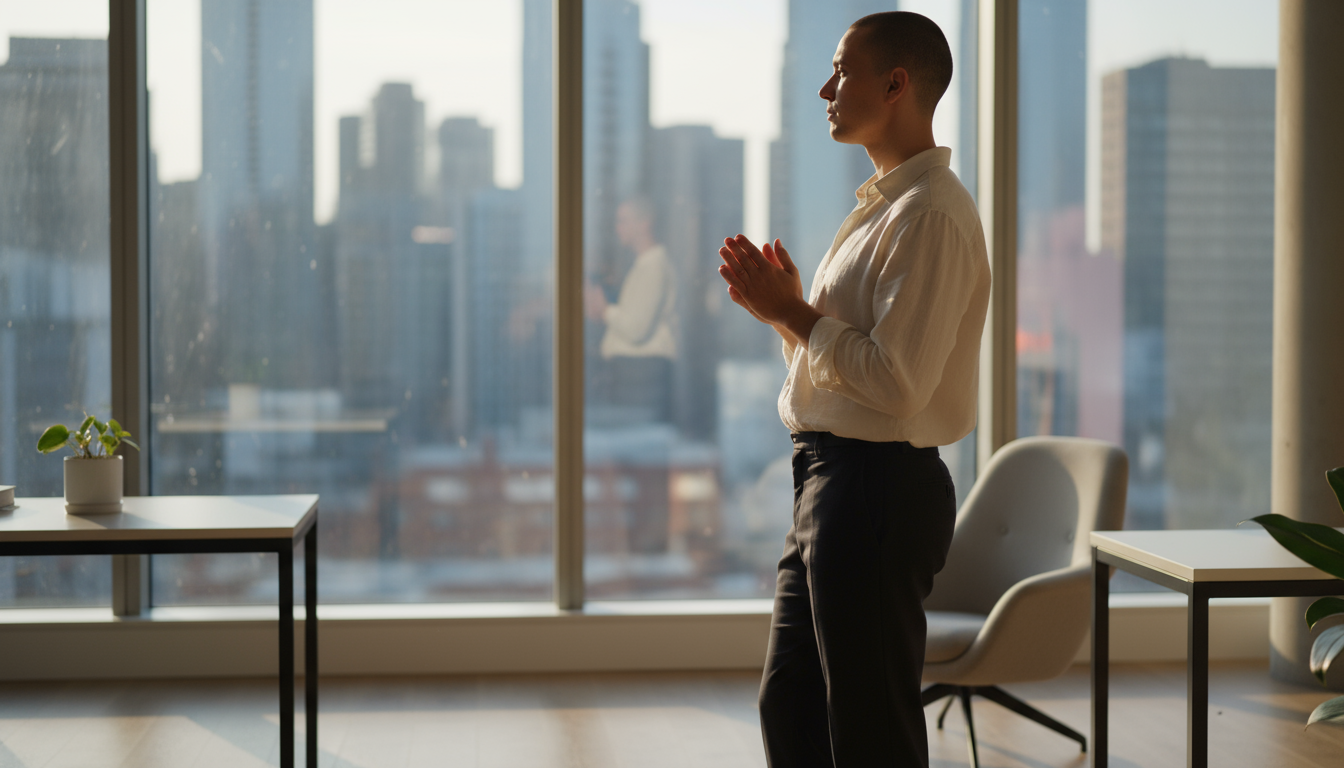 A relaxed hand rests on a clean, light wood desk next to a small green plant, with a minimalist laptop screen softly blurred in the background.