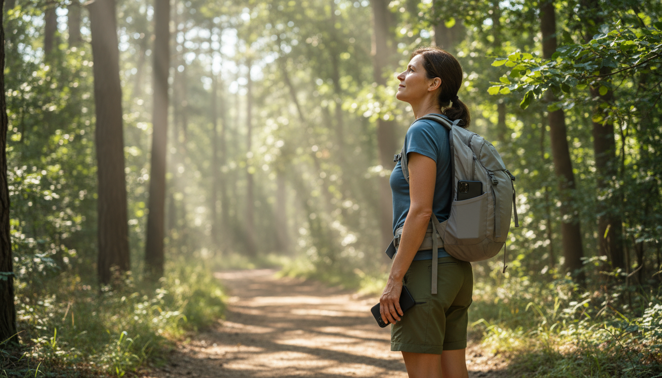 An organized wooden bedside table featuring a stylish analog alarm clock, a book, and a small plant, under soft morning light, no screens visible.