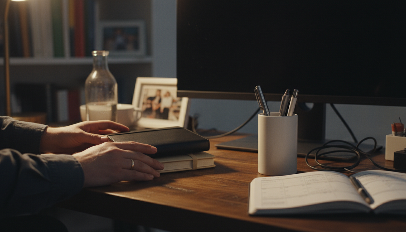 A minimalist desk at dusk with a yellow sticky note detailing a single task, a pen, and a soft-focus, neatly hung work shirt in the background.