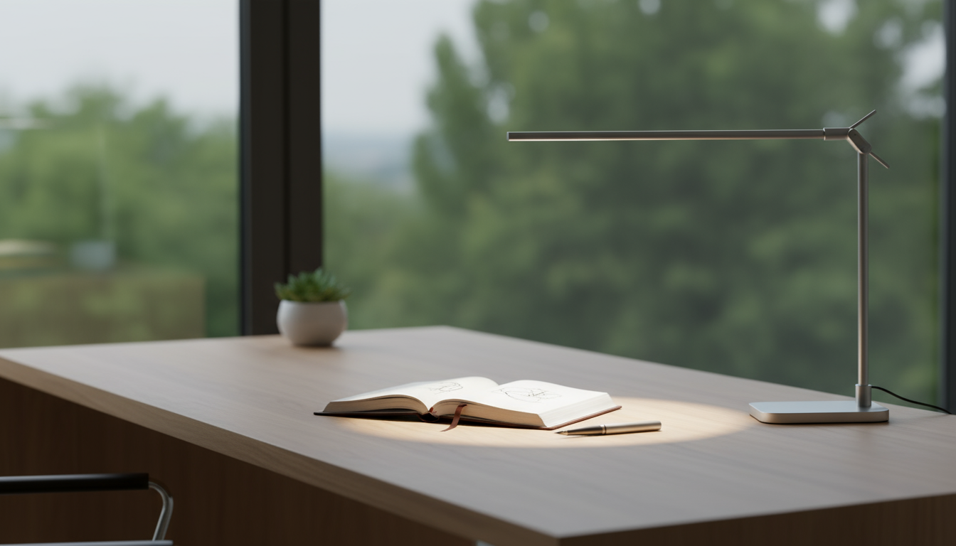 Close-up of hands holding a pen over an open notebook on a light wood desk, next to a steaming coffee mug. A closed laptop is pushed aside, bathed in