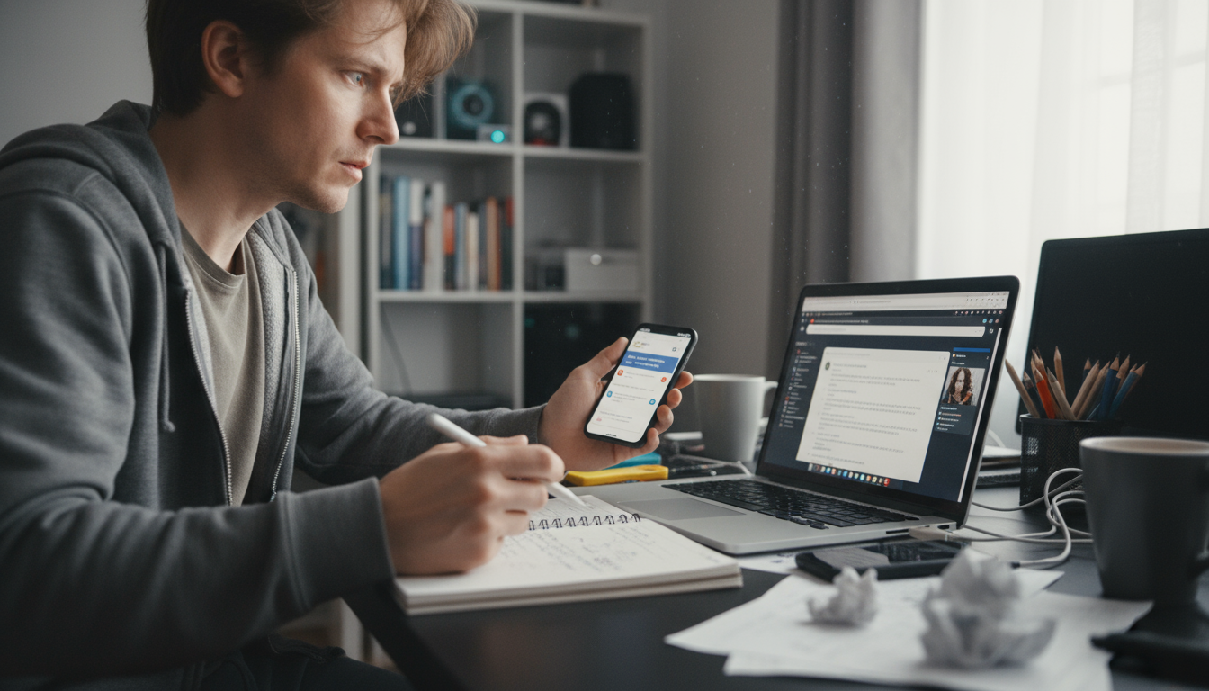 A person at an organized desk, eyes gently closed or opening, hand resting calmly, signaling a peaceful moment of deep breath and refocusing.